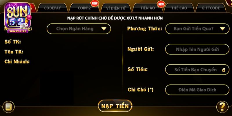 Nạp tiền Sun52 qua ngân hàng nhanh và tiện lợi nhất